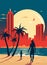 Miami resort city at sunset. Summer cityscape and sea shore with sand beach and palm trees, vector