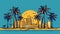 Miami resort city at sunset. Summer cityscape and sea shore with sand beach and palm trees, vector