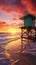 Miami\\\'s morning glow Lifeguard tower on South Beach\\\'s coastline under vibrant sunrise