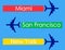 Miami, San Francisco, New York, plane, poster, banner, flyer, postcard, typography