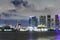 Miami skyline. Cruise ship in the Port of Miami at sunset with multiple luxury yachts. Beautiful Miami Florida skyline