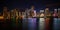 Miami skyscrapers skyline at night, Aerial view