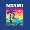 Miami summertime - badge design for t-shirt. Logo in vintage style. Summer, sun, palm tree, sea wave. Vector illustration.
