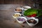 Miang kham,A royal leaf wrap appetizer Consist of Shallot, Ginger, Fried beans, Slice of lemon, Betel leaf, Chilli, Fried coconut