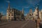 Michael`s Bridge, churches and Gothic buildings in Ghent.