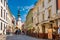 Michalskaya Street in the Old Town in Bratislava. View of the Michal tower.