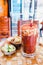 Michelada beer with Tomato Juice, lemon and candy in jar, Mexican drink in summer in Mexico