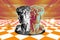 Michelangelo`s David bust. Aesthetic contemporary art collage. Chess board style 3D rendered illustration with David.