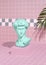 Michelangelo`s David sculpture on the catwalk in vaporwave