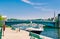 Michigan City, Indiana / USA on July 28th 2018: Boats docked at Millennium Plaza which sits along Trail Creek at the entrance to