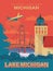 Michigan. The great lakes state. Touristic poster in vector