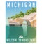 Michigan travel poster of sandstone cliffs on Lake Superior shoreline