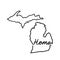Michigan US state outline map with the handwritten HOME word. Continuous line drawing of patriotic home sign