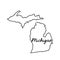 Michigan US state outline map with the handwritten state name. Continuous line drawing of patriotic home sign