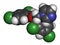 Miconazole antifungal drug molecule. Imidazole class antimycotic, used in treatment of athlete`s foot, ringworm, yeast infections