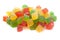 Micro close-up and details of Organic Indian red yellow green mixed color tutti frutti sweet soft candy  isolated over white backg