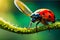 micro image of a red ladybug sits on green leaves.