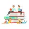 Micro young women and men sitting on a pile of books, people enjoy reading vector Illustration