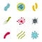Microbe icons set, flat style