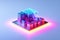 Microchip slot in shape of city buildings isolated. CPU. Neon glow.