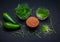 Microgreens: green peas and onion sprouts, flax seeds in glass bowls and avocado