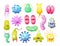 Microorganism, bacteria, microbes, cute germs, virus cell, bacillus with funny smiley faces. Viruses bacteria emoticon, microbe