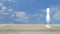 Microphone flat icon on wooden table over blue sky with white clouds, Business communication concept