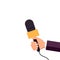 Microphone in hand for poll, question and quiz. Hand hold microphone for interview, news and television broadcast. Concept of