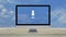 Microphone icon on desktop modern computer monitor screen on wooden table over blue sky with white clouds, Business communica