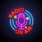Microphone neon light icon. Radio broadcasting. On air glowing sign. Vector isolated illustration.