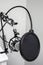 A microphone and pop filter await your voice