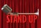 Microphone red curtain backdrop text stand up