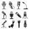 Microphone silhouette. Modern and old vintage mic icons. Music or podcast recording. Logo element for karaoke and radio