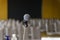 Microphone on the table over blurred of empty seminar or conference room background