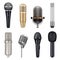 Microphones realistic. Audio studio equipment for singing and talking vector templates set