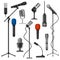 Microphones on stands. Singer mic with wire for stage performance. Music studio audio record equipment. Cartoon radio