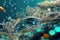 Microplastic particles underwater, tiny plastic specs in marine ecosystems, plants and animals. Ai generative illustration