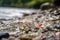 microplastic pollution in rivers, with microplastics visible among water and rocks