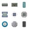 Microprocessor chip icons set, cartoon style