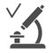 Microscope with checkmark solid icon, coronavirus vaccine testing concept, Approved analysis in microscope sign on white
