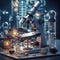 Microscope with lab glassware in modern medical laboratory,Microscopes, Lab glassware,AI generated