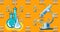 Microscope and laboratory beakers icons moving against yellow background