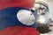 Microscope on Lao People Democratic Republic flag background - science development concept. Research in medicine or biology 3D