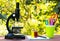 Microscope and stationery on wooden table. Glass flasks with colored liquids Natural green blur background. School concept.