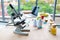 Microscope and stethoscope with labtop on nutritionist doctor table in laboratory room