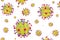 Microscopic coronavirus disease concept on a pink background. Yellow red microscopic 3D molecule model of flu virus