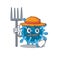 Microscopic coronavirus in Farmer cartoon character with hat and pitchfork