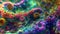A microscopic world of vibrant swirling bacteria resembling a colorful and surreal cityscape. . AI generation
