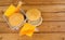 Microwave beefburgers on a wooden background