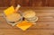 Microwave beefburgers on a wooden background